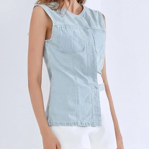 Cutout Sleeveless Denim Vest Jacket With Half Tie Belt - Picture 5 of 6